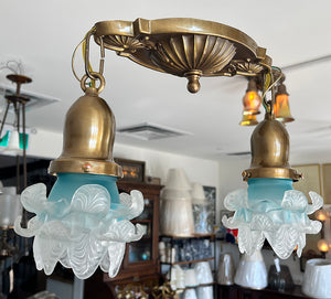 Antique Circa 1910 Edwardian Embossed Flush Mount with Antique Murano Aqua and Frost Petal Shades