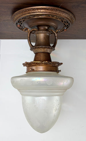 Antique Circa 1910 Edwardian Flush Mount With Cast Acanthus and Sunburst Motif and Original Acid Etched Iridescent Shade