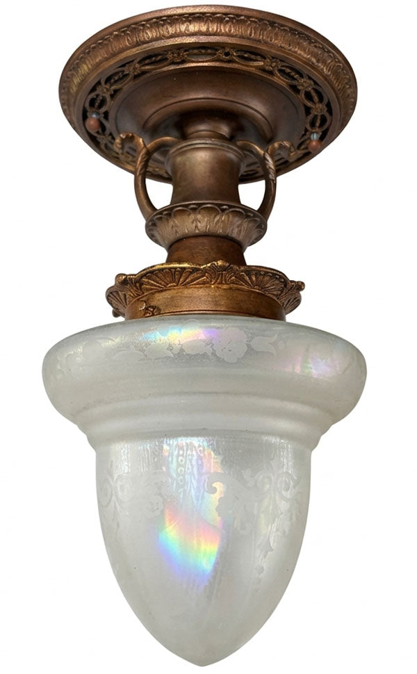 Antique Circa 1910 Edwardian Flush Mount With Cast Acanthus and Sunburst Motif and Original Acid Etched Iridescent Shade