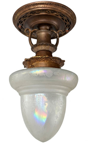 Antique Circa 1910 Edwardian Flush Mount With Cast Acanthus and Sunburst Motif and Original Acid Etched Iridescent Shade