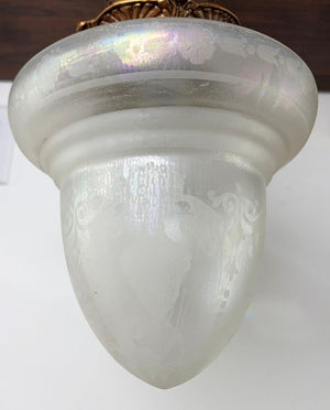 Antique Circa 1910 Edwardian Flush Mount With Cast Acanthus and Sunburst Motif and Original Acid Etched Iridescent Shade