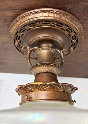 Antique Circa 1910 Edwardian Flush Mount With Cast Acanthus and Sunburst Motif and Original Acid Etched Iridescent Shade