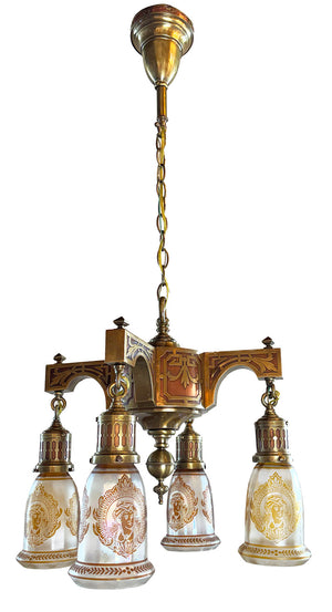 Exceptional early 1900s Four Light Transitional Fixture with Brass on Copper Overlay and Antique Copper Flashed Cameo Shades