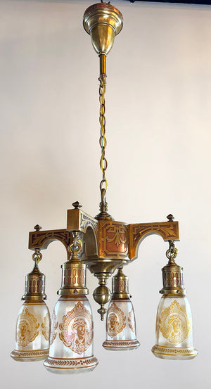 Exceptional early 1900s Four Light Transitional Fixture with Brass on Copper Overlay and Antique Copper Flashed Cameo Shades