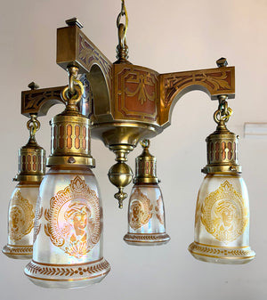 Exceptional early 1900s Four Light Transitional Fixture with Brass on Copper Overlay and Antique Copper Flashed Cameo Shades