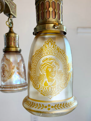 Exceptional early 1900s Four Light Transitional Fixture with Brass on Copper Overlay and Antique Copper Flashed Cameo Shades