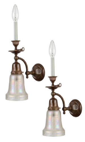 $850 PAIR - Antique Circa 1905 Edwardian Converted Gas Electric Sconces with Original Iridescent Shades