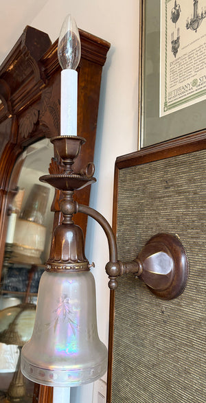 $850 PAIR - Antique Circa 1905 Edwardian Converted Gas Electric Sconces with Original Iridescent Shades