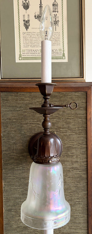 $850 PAIR - Antique Circa 1905 Edwardian Converted Gas Electric Sconces with Original Iridescent Shades