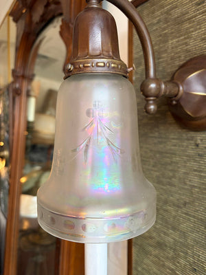 $850 PAIR - Antique Circa 1905 Edwardian Converted Gas Electric Sconces with Original Iridescent Shades