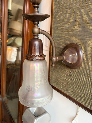 $850 PAIR - Antique Circa 1905 Edwardian Converted Gas Electric Sconces with Original Iridescent Shades