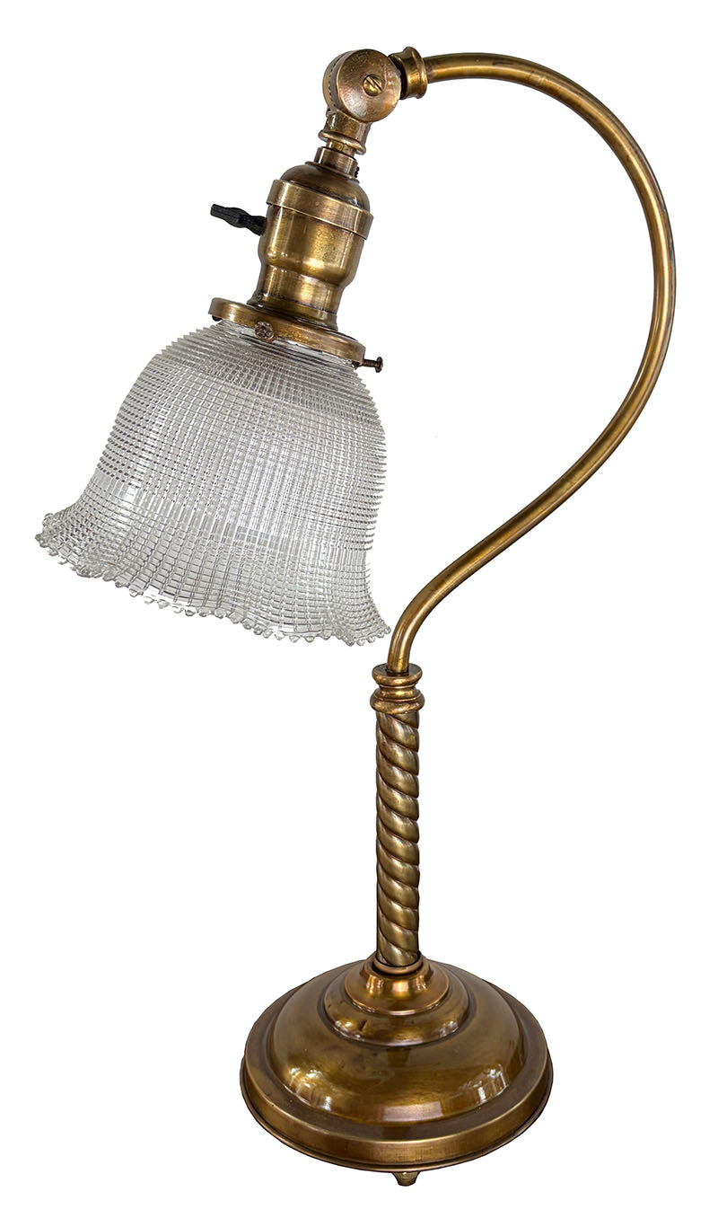 Antique 1910 Brass Scroll Arm Desk Lamp with Original Holophane Shade