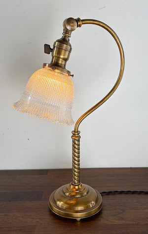 Antique 1910 Brass Scroll Arm Desk Lamp with Original Holophane Shade