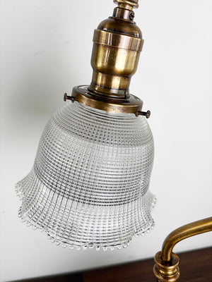 Antique 1910 Brass Scroll Arm Desk Lamp with Original Holophane Shade