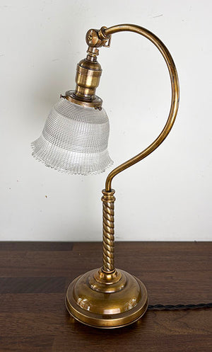 Antique 1910 Brass Scroll Arm Desk Lamp with Original Holophane Shade