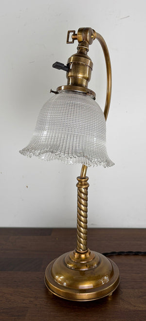 Antique 1910 Brass Scroll Arm Desk Lamp with Original Holophane Shade