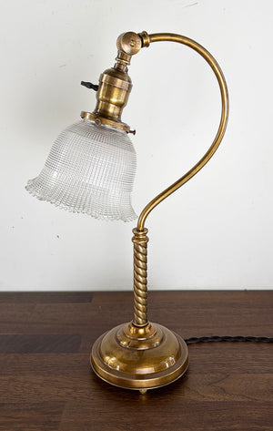 Antique 1910 Brass Scroll Arm Desk Lamp with Original Holophane Shade