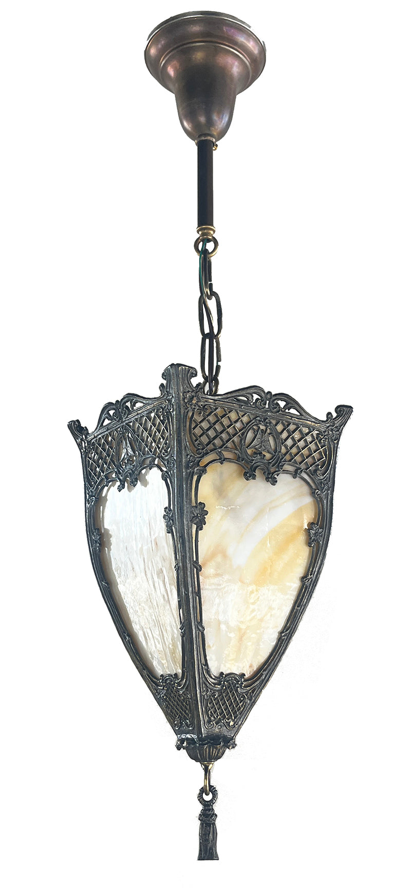 Antique Circa 1910 Edwardian Tear Drop Four Sized Lantern with Curved Butterscotch Slag Glass