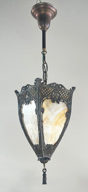 Antique Circa 1910 Edwardian Tear Drop Four Sized Lantern with Curved Butterscotch Slag Glass