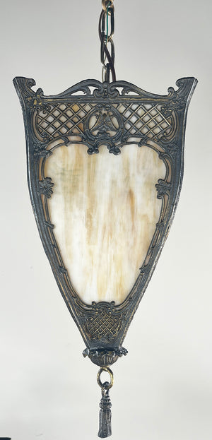 Antique Circa 1910 Edwardian Tear Drop Four Sized Lantern with Curved Butterscotch Slag Glass