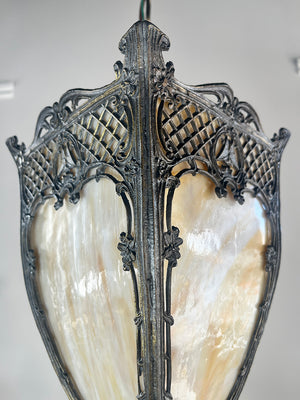 Antique Circa 1910 Edwardian Tear Drop Four Sized Lantern with Curved Butterscotch Slag Glass