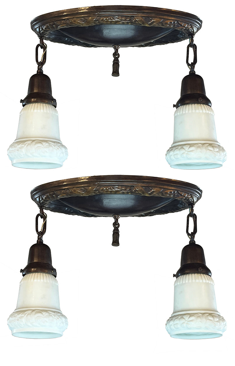 $1100 PAIR - Antique Circa 1910 Embossed Wreath Border Two Light Flush Mount with Original Opal Shades