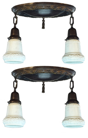 $1100 PAIR - Antique Circa 1910 Embossed Wreath Border Two Light Flush Mount with Original Opal Shades