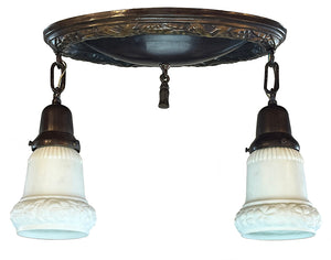 $1100 PAIR - Antique Circa 1910 Embossed Wreath Border Two Light Flush Mount with Original Opal Shades