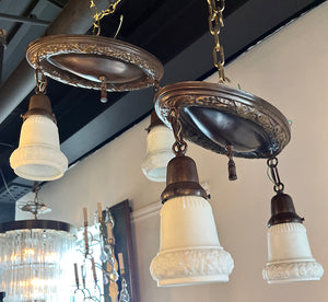 $1100 PAIR - Antique Circa 1910 Embossed Wreath Border Two Light Flush Mount with Original Opal Shades