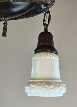 $1100 PAIR - Antique Circa 1910 Embossed Wreath Border Two Light Flush Mount with Original Opal Shades