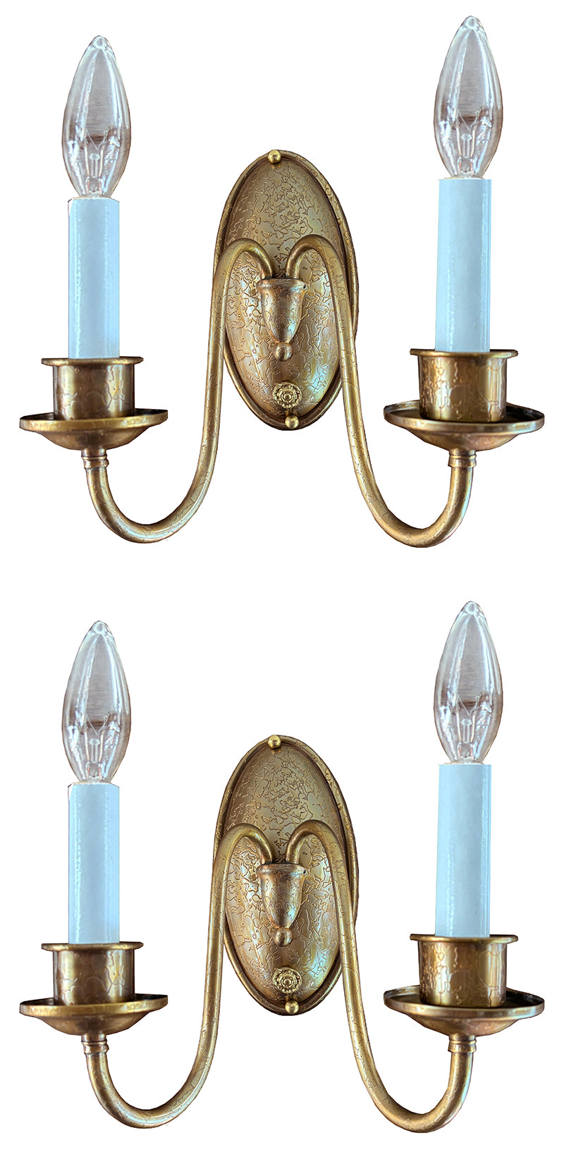 $750 PAIR - Circa 1910 Colonial Revival Double Light Brass Sconces with Original Deep Etched Brass Finish