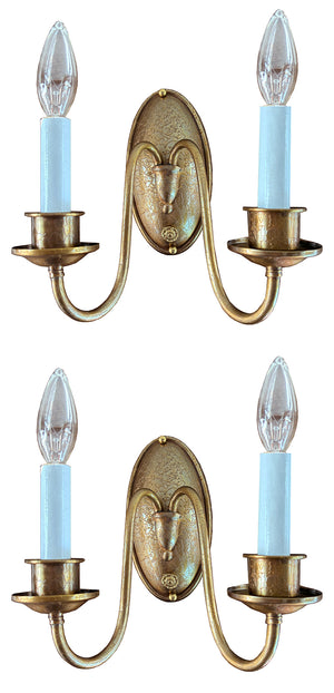 $750 PAIR - Circa 1910 Colonial Revival Double Light Brass Sconces with Original Deep Etched Brass Finish