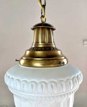 $1450 PAIR - Antique 1910 Edwardian Deep Embossed Pendants with Original Patterned Milk Glass Shades
