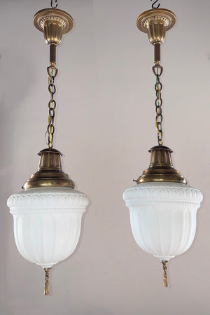 $1450 PAIR - Antique 1910 Edwardian Deep Embossed Pendants with Original Patterned Milk Glass Shades
