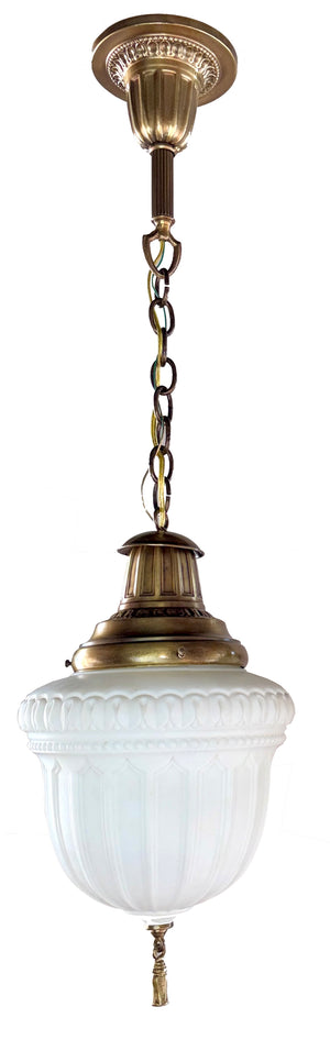 $1450 PAIR - Antique 1910 Edwardian Deep Embossed Pendants with Original Patterned Milk Glass Shades