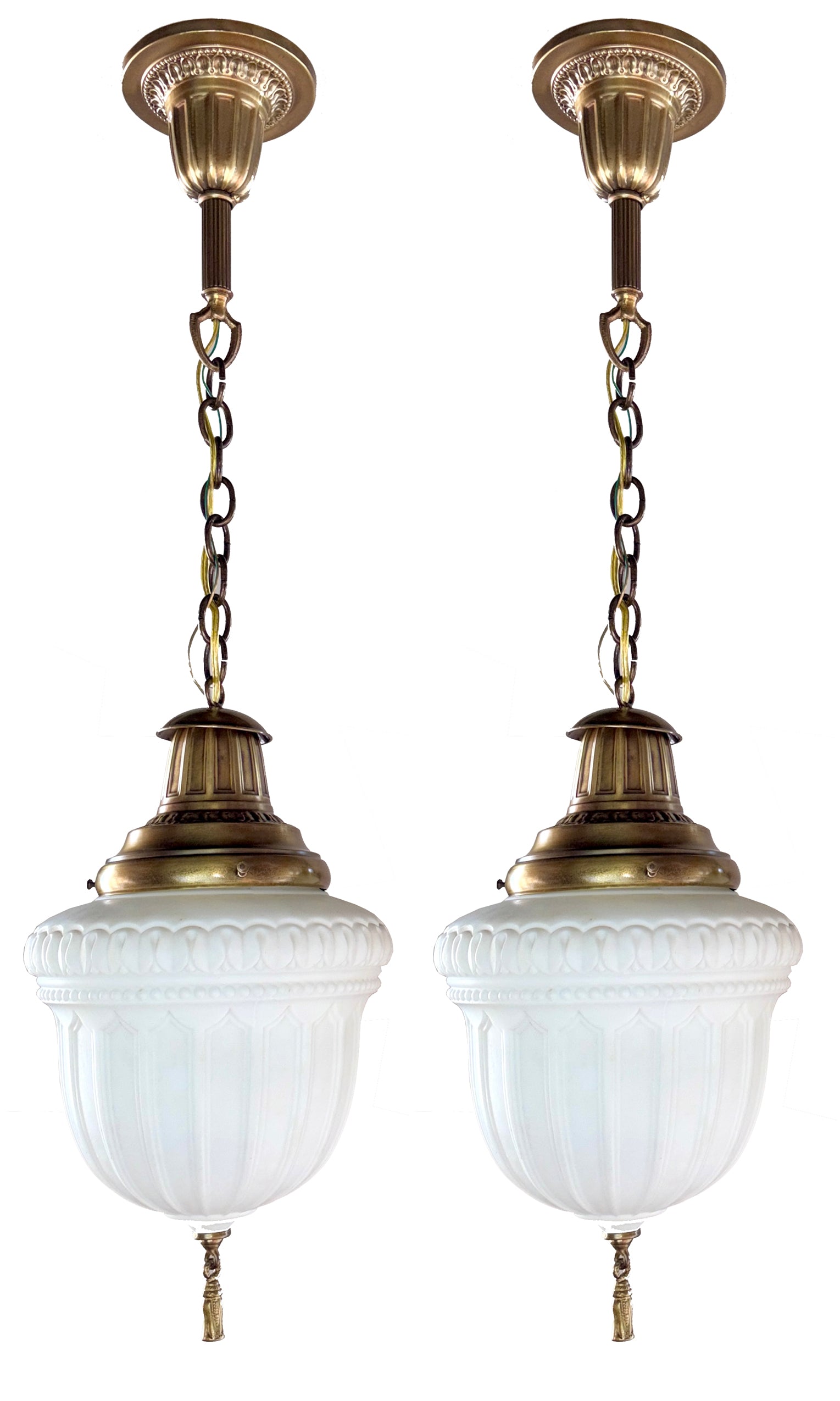 $1450 PAIR - Antique 1910 Edwardian Deep Embossed Pendants with Original Patterned Milk Glass Shades