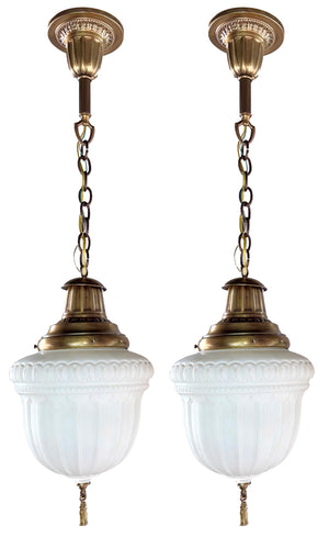 $1450 PAIR - Antique 1910 Edwardian Deep Embossed Pendants with Original Patterned Milk Glass Shades