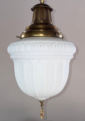 $1450 PAIR - Antique 1910 Edwardian Deep Embossed Pendants with Original Patterned Milk Glass Shades