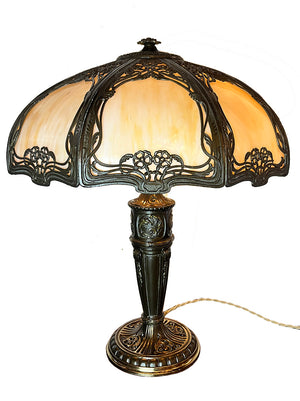 Anitque Circa 1910 Transitional Art Nouveau Edwardian Curved Slag Glass Panel Lamp with Original Finish