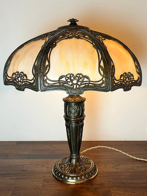 Anitque Circa 1910 Transitional Art Nouveau Edwardian Curved Slag Glass Panel Lamp with Original Finish