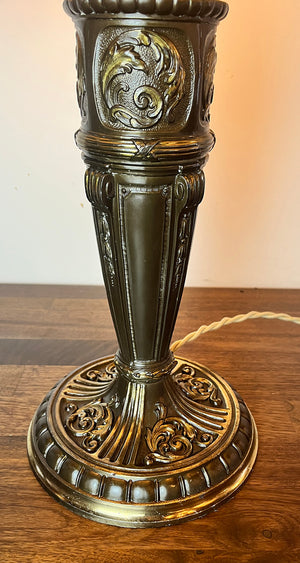 Anitque Circa 1910 Transitional Art Nouveau Edwardian Curved Slag Glass Panel Lamp with Original Finish