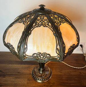 Anitque Circa 1910 Transitional Art Nouveau Edwardian Curved Slag Glass Panel Lamp with Original Finish