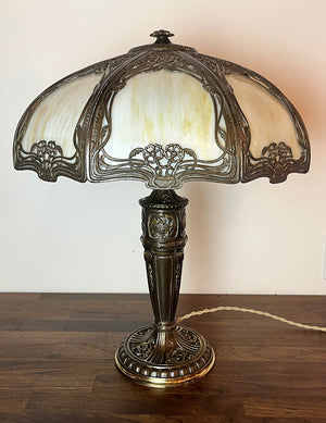 Anitque Circa 1910 Transitional Art Nouveau Edwardian Curved Slag Glass Panel Lamp with Original Finish
