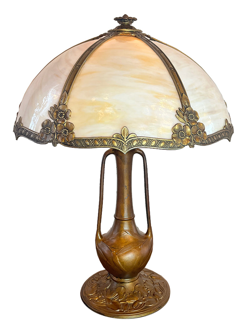 Anitque Circa 1910 Transitional Art Nouveau Edwardian Curved Slag Glass Panel Lamp with Urn Base Floral Pattern Shade