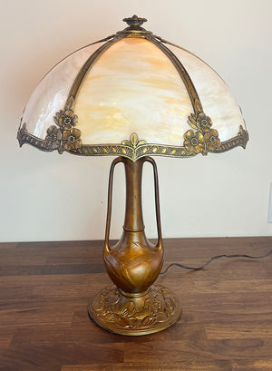 Anitque Circa 1910 Transitional Art Nouveau Edwardian Curved Slag Glass Panel Lamp with Urn Base Floral Pattern Shade