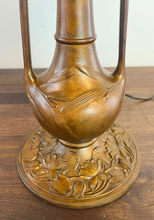 Anitque Circa 1910 Transitional Art Nouveau Edwardian Curved Slag Glass Panel Lamp with Urn Base Floral Pattern Shade