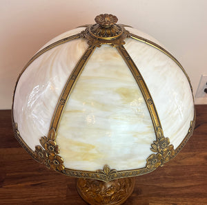 Anitque Circa 1910 Transitional Art Nouveau Edwardian Curved Slag Glass Panel Lamp with Urn Base Floral Pattern Shade