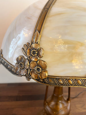 Anitque Circa 1910 Transitional Art Nouveau Edwardian Curved Slag Glass Panel Lamp with Urn Base Floral Pattern Shade