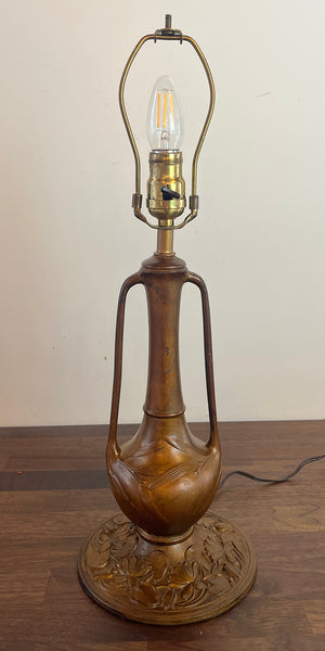 Anitque Circa 1910 Transitional Art Nouveau Edwardian Curved Slag Glass Panel Lamp with Urn Base Floral Pattern Shade