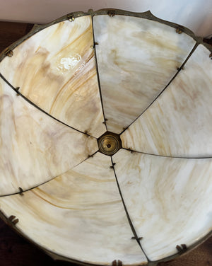 Anitque Circa 1910 Transitional Art Nouveau Edwardian Curved Slag Glass Panel Lamp with Urn Base Floral Pattern Shade